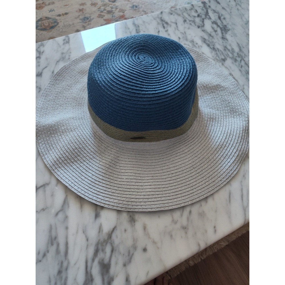 LL Bean Womens Wide Brim Sun Hat Blue Tan White Paper Straw Floppy Beach 509309